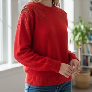 Red Women's Crewneck Sweater with Decorative Shoulder Detail